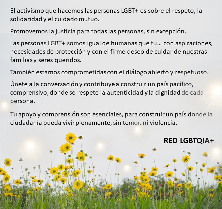Ante las publicaciones en redes sociales sobre las personas LGBT+ queremos dejar las siguientes reflexiones…

Tu apoyo y respeto son fundamentales para crear un país donde todas las personas podamos vivir en paz y sin miedo

RED LGBTQIA+ 🏳️‍🌈🏳️‍⚧️

#HumanRights #respeto #apoyo #lgbt