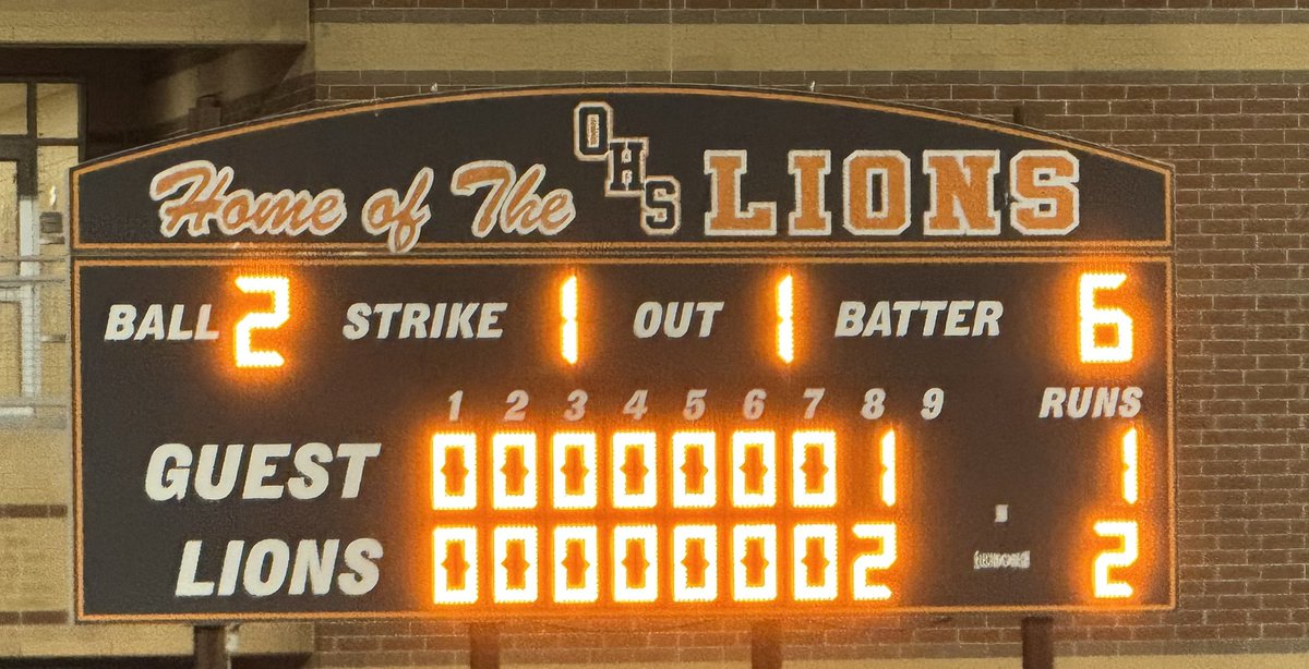 LIONS WIN! 

Oviedo 2 | Lake Brantley 1 
F/8 Innings 

Lions win in a walk off! Kyle Ball with the single in the 8th inning to lift the Lions to victory. 

R. Mitchell 5IP, 0H, 0R, 8K
B. Filler 3IP(W), 4H, 1R, 5K

C. Pitman 2H

Lions travel to Lake Brantley Fri. 3/1 6pm
#GoLions