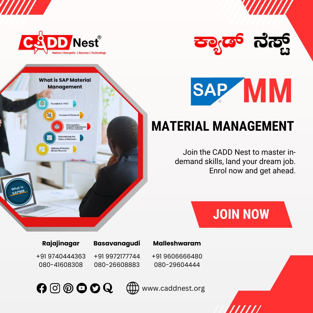 Elevate your career with our top-notch SAP MM course training – unlocking the secrets to efficient materials management!

Contact us-
CADD Nest Rajajinagar: 9740444363
CADD Nest Basavanagudi: 9972177744
CADD Nest Malleshwaram: 9606666480
#sapmm #materialmanagement #sapskills #SAP