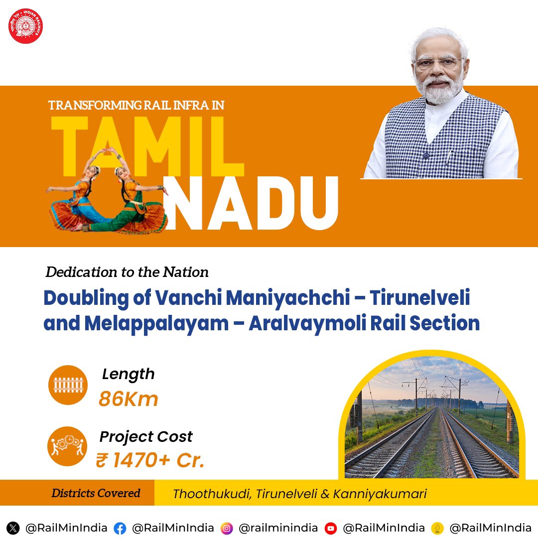 TRANSFORMING RAIL INFRA IN TAMIL NADU Dedication to the Nation Doubling of Vanchi Maniyachchi – Tirunelveli and Melappalayam – Aralvaymoli Rail Section #RailInfra4Tamilnadu