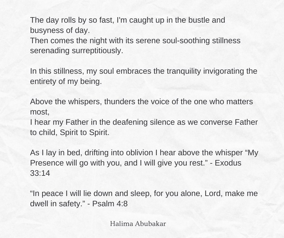 GiftedHalima's tweet photo. “In peace I will lie down and sleep, for you alone, Lord, make me dwell in safety.” - Psalm 4:8
#midnightmusing #faith #poetry #poetrytwitter #Day1 https://t.co/jdZC68fIMk