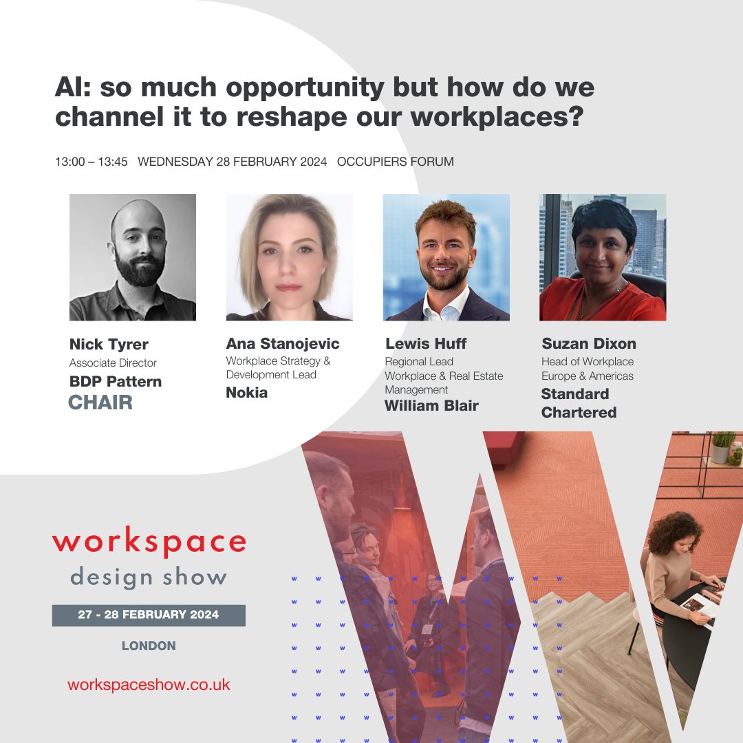 🚀 Session Alert 🚀 📆 Date: 28 February 🕙 Time: 13:00 – 13:45 Join us for an enlightening session at the Occupiers Forum, focusing on “AI: so much opportunity but how do we channel it to reshape our workplaces?”.