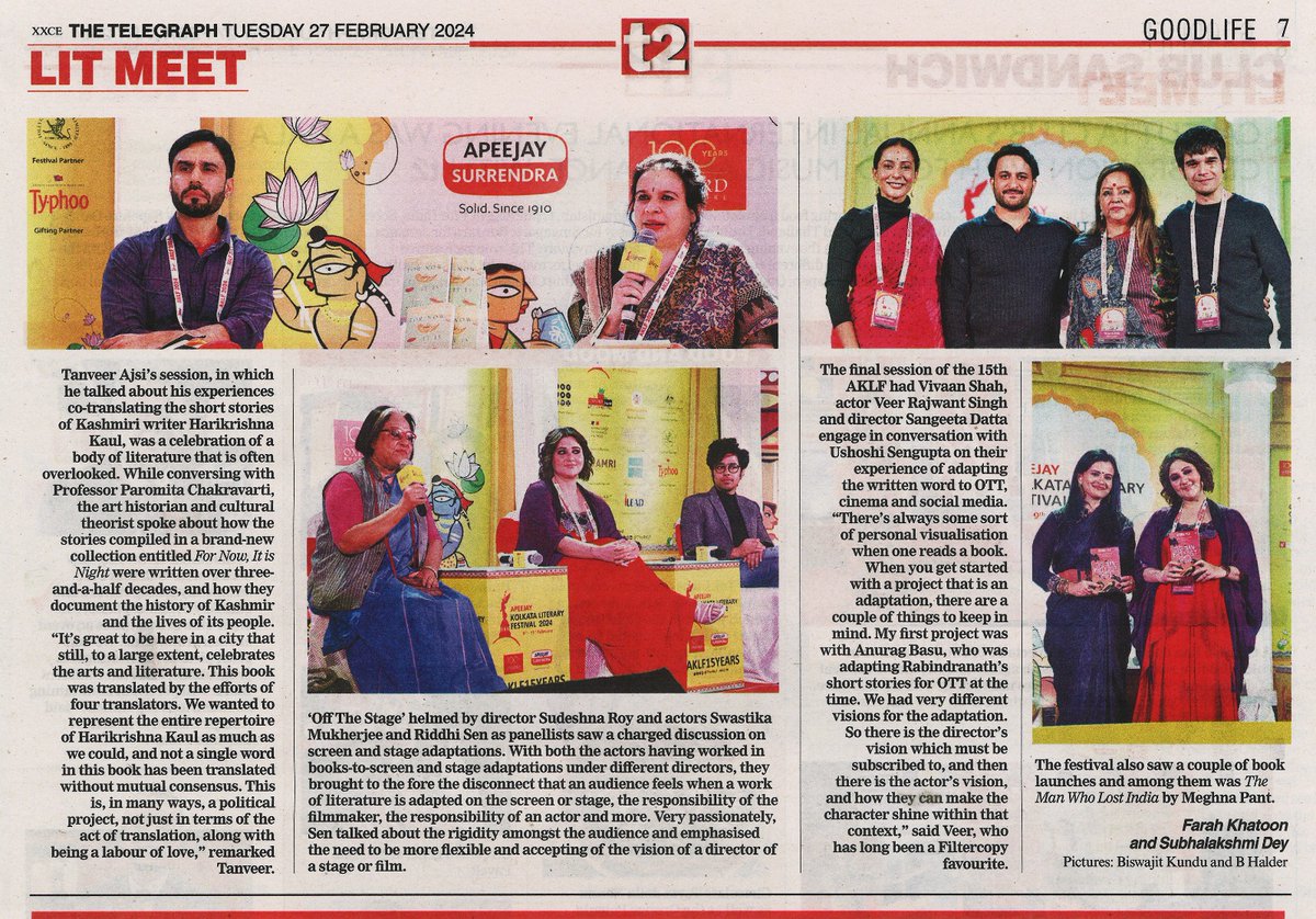 Thank you @t2telegraph for this wonderful article on the 15th edition of Apeejay Kolkata Literary Festival @PChidambaram_IN @swastika24 @GargiRawat @mariagorettiz @MeghnaPant @PritiPaul7 @ushoshi To read online, click below: t2online.in/events/events-… #AKLF15Years #T2 #Coverage