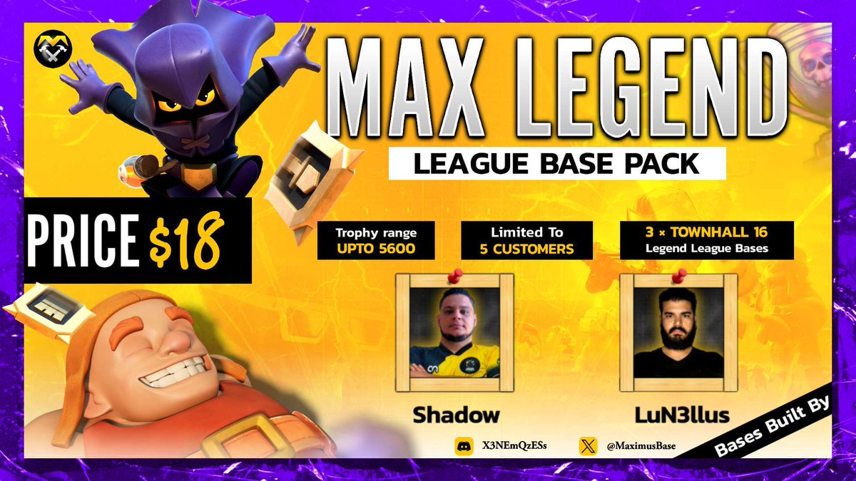 📢 | Townhall 16 Legend League Base Pack

📖 | Pack Consists Of:
3 × Th16 Legend League Bases

⚒️ | Bases Built By:
<a href="/LuN3lluS/">LuN3lluS</a> | <a href="/SWATCOCBR/">SWAT</a>
<a href="/shadowNTJ/">TDshadow</a> | <a href="/NgtLegends/">NGT Legends</a>

💰 | Pack Price: $18 Only!

🚨 | Exclusive To Only 5 Customers
📦 | Bases Delivery: 2nd-3rd March