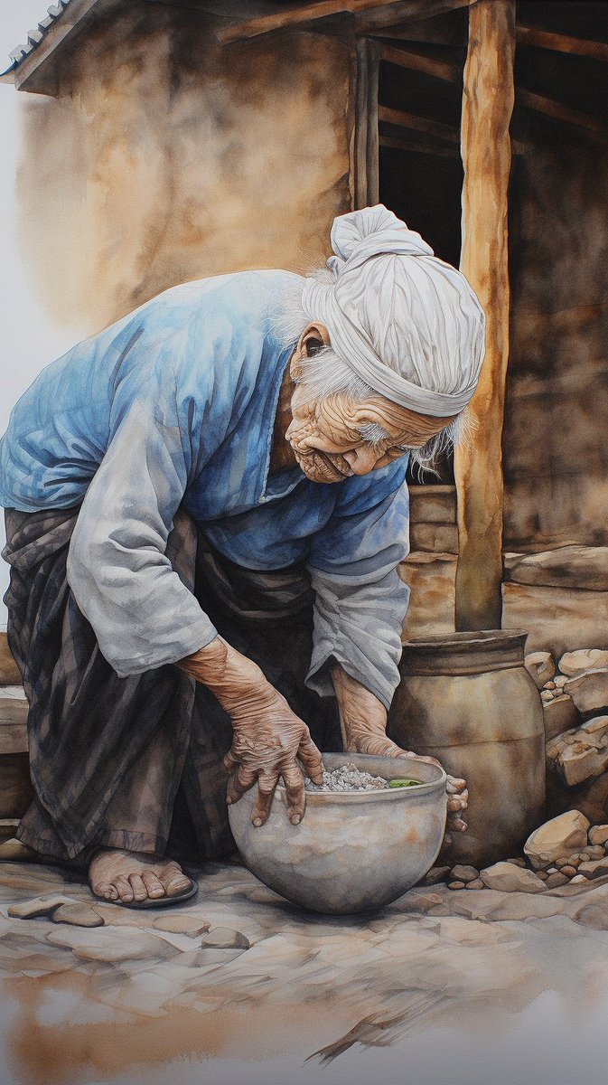 heck1969's tweet photo. KINTSUGI PENCIL WATERCOLOR
1. #DailyFun: An old woman grinds grain into flour on a large stone in front of a hut
2+3. #AIPortrait
4. Archetype: A #Mentor

Prompt by: @JohnCrego, https://t.co/hWmg89src6 (Facebook Group Midjourney AI Art, 2023-12-15) https://t.co/RYTIB89hbn