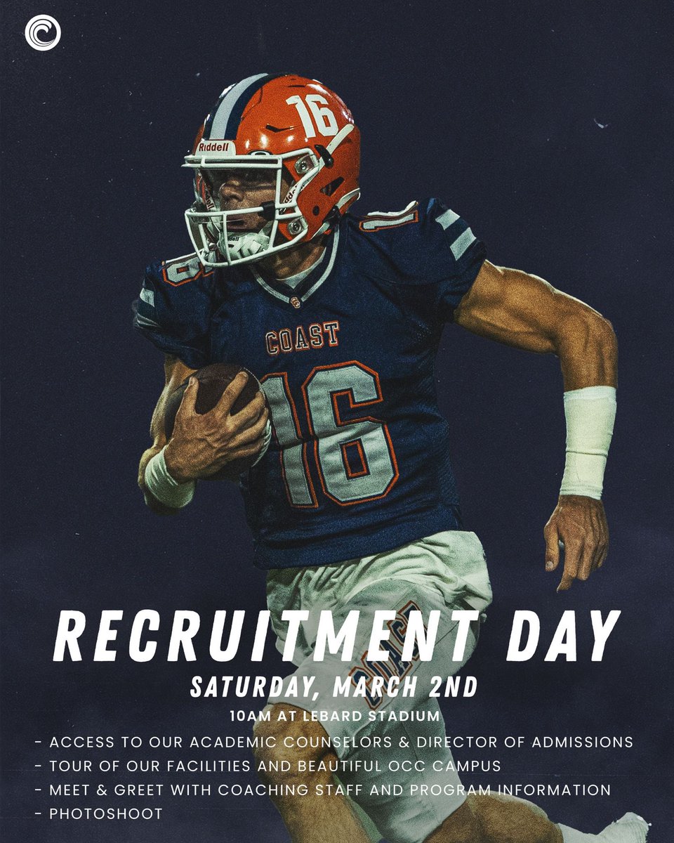 Calling all ‘24s (& earlier- ‘23s, ‘22s, ‘21s with eligibility..) Come down to visit the Coast this Saturday 3/2 at 10am!! We have one of the best stadiums in all of JUCO & a beautiful campus 🍊🌊🏴‍☠️🏈Register here: forms.gle/B7KsQkarTaA94B…