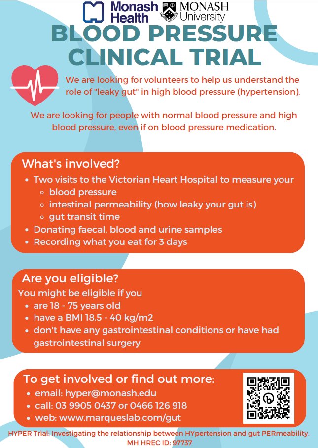 Want to be a part of some ground-breaking research🥼looking at leaky gut and blood pressure♥ ? We are looking for people with normal or high blood pressure, including on meds💊, to be part of our exciting trial at . Find out more at bit.ly/hyper_trial @MonashVHI