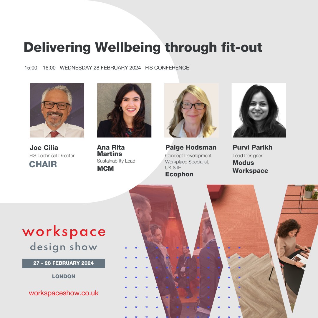 🚀 Session Alert 🚀 📆 Date: 28 February 🕙 Time: 15:00 – 16:00 Join us for an enlightening session at the FIS conference, focusing on “Delivering Wellbeing through fit-out'. #workspacedesignshow #fis #fitoutinteriors #Wellbeing