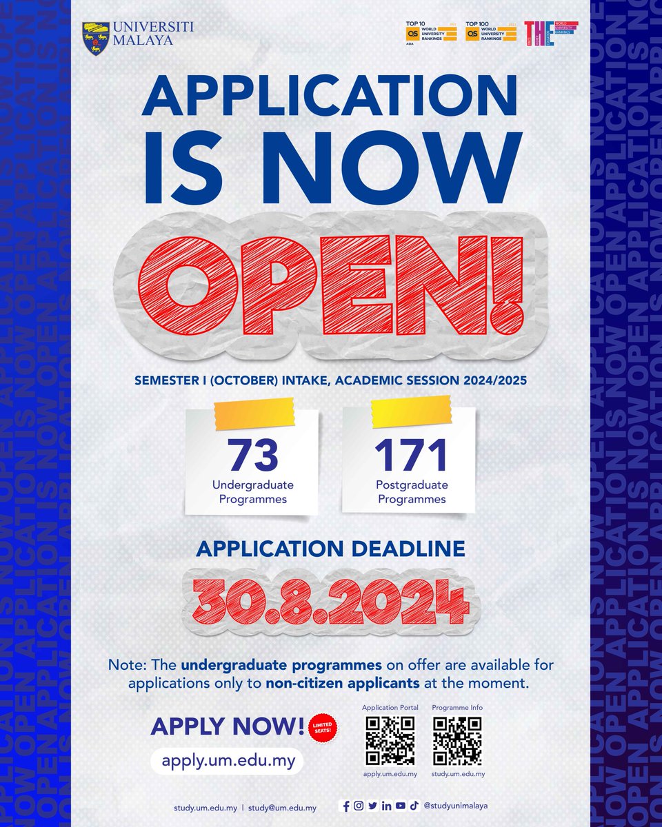 Apply now for Semester I (October) intake 2024/2025. Choose from 70+ undergraduate and 170+ postgraduate programs. Deadline: August 30, 2024. Apply at apply.um.edu.my. Visit study.um.edu.my for program details. Grab this chance to be part of our community!🎓