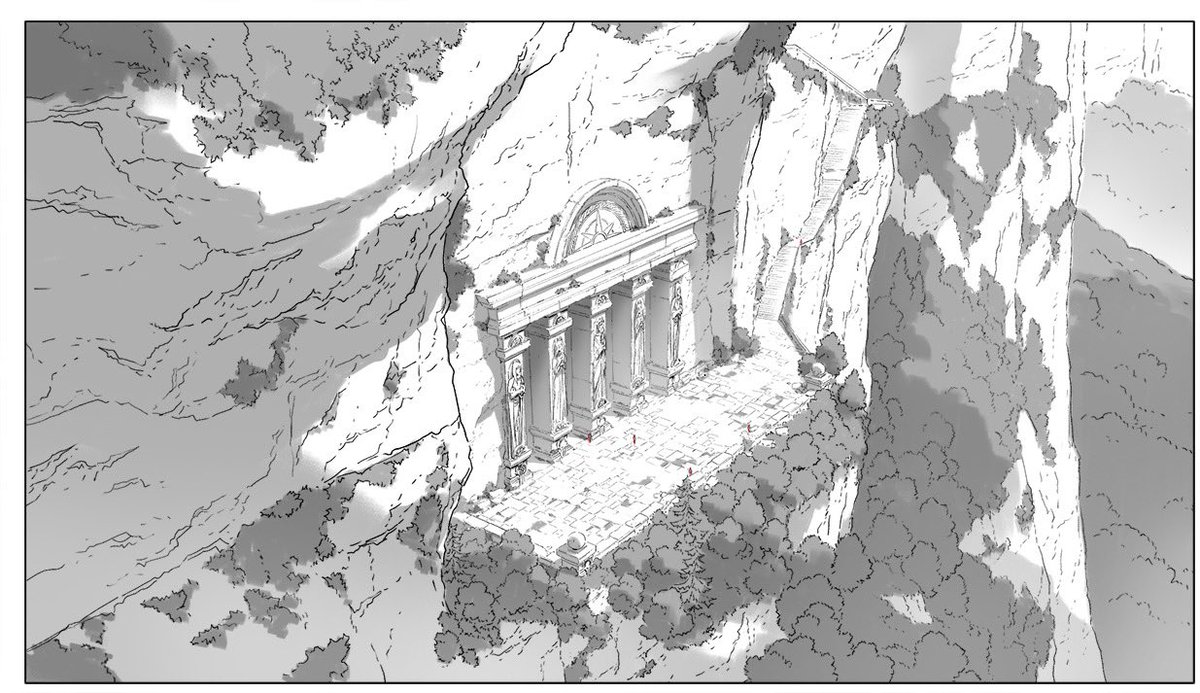 The Ruins of the King's Tomb was especially exciting in the original work, and I read a lot about it. I wondered how they carved the stones back in those days and drew the setting while reminiscing about that era The picture is used with permission from Madhouse.  #frieren 