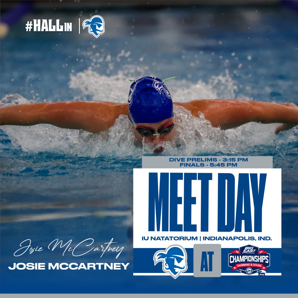 It's a BIG EAST Championships Meet Day!

🆚BIG EAST Championships Day 1
📍Indianapolis, Ind.
⏰3:15 p.m. (Diving Prelims), 5:45 p.m. (Finals)
🏊IU Natatorium
💻(FloSports): bit.ly/3TiHjtu

#HALLin🔵⚪