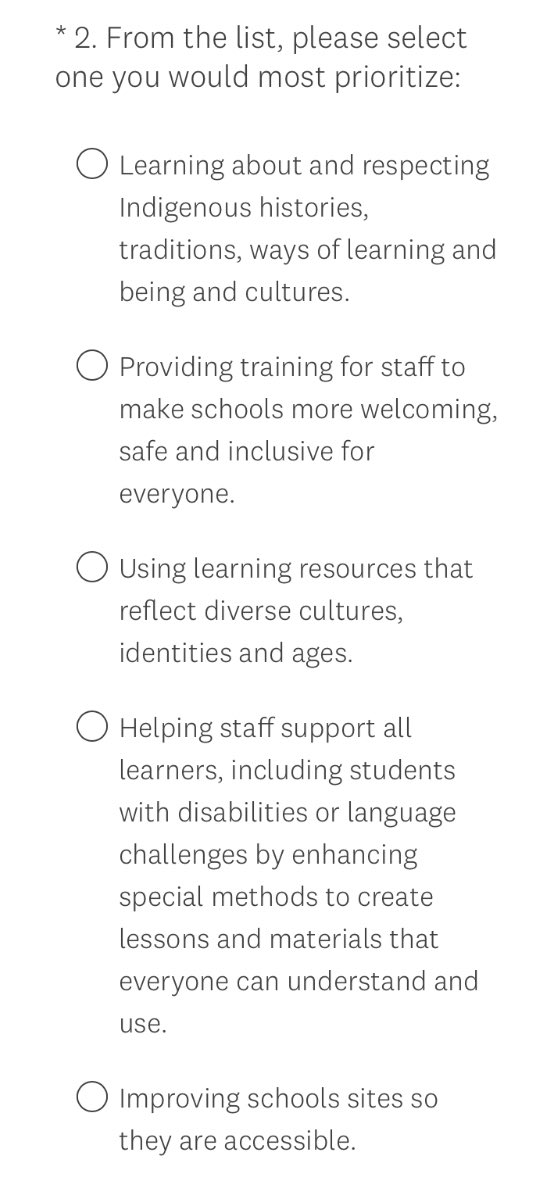 Pop quiz: pick one way to spend money to improve equity in @VSB39. Just one. Never mind the fact that school districts have a responsibility to do all of these things and human rights are violated if they don’t. (screenshot is of the @VSB39 budget survey). @VanDPAC @BCEdAccess
