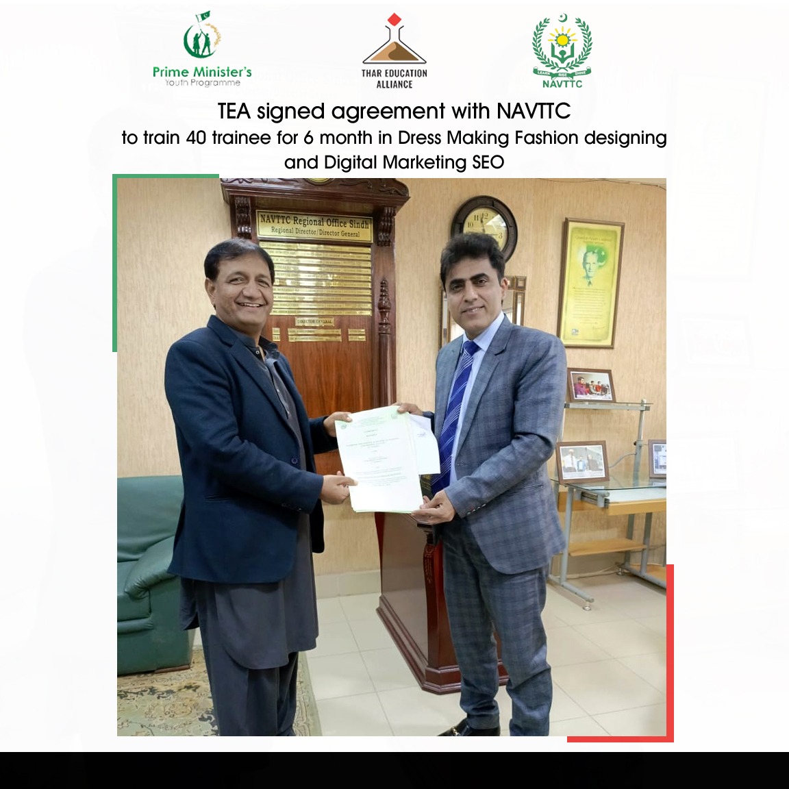 TharEduAlliance's tweet image. Thar Education Alliance signed agreement with NAVTTC to train 40 trainee for 6 month in Dress Making Fashion designing and Digital Marketing SEO.

@NAVTTCOfficial
#NAVTTC #TharEducationAlliance