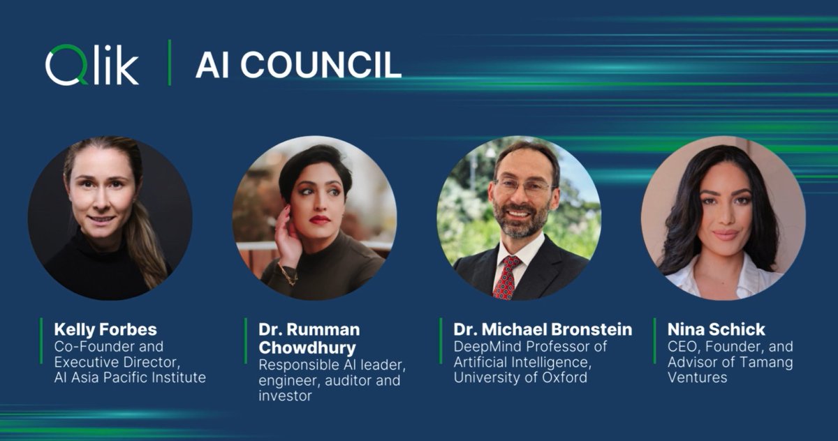 Qlik's #AI Council!  
With a team of advisors, Qlik aims to responsibly accelerate the development of  AI-driven product portfolio and support their customers in their #AI journey. 
<a href="/NinaDSchick/">Nina Schick</a> <a href="/mmbronstein/">Michael Bronstein</a> <a href="/kellyaforbes/">Kelly Forbes</a> <a href="/ruchowdh/">ruchowdh.bsky.social</a>  oal.lu/8zimc