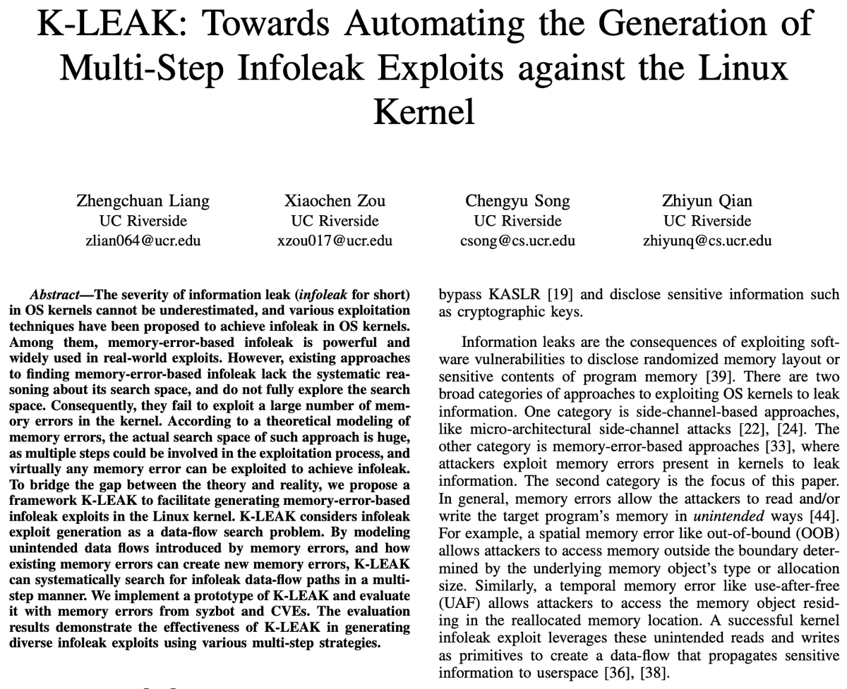 Zhengchuan is presenting his work on automating the generation of kernel infoleaks. This is part of a bigger effort to automate the triage and exploitability analysis of kernel vulnerabilities. Interestingly, the talk is scheduled as the last talk in the 'ML security' session.