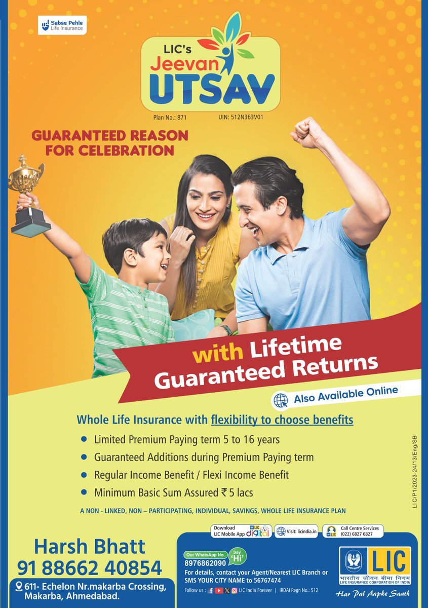 HarshAdvisor's tweet photo. #JeevanUtsav is the best medium to long term available investment option .

#investmentopportunity #investors #lic #insurance #MutualFundSahiHai https://t.co/jPYrHcgyAX