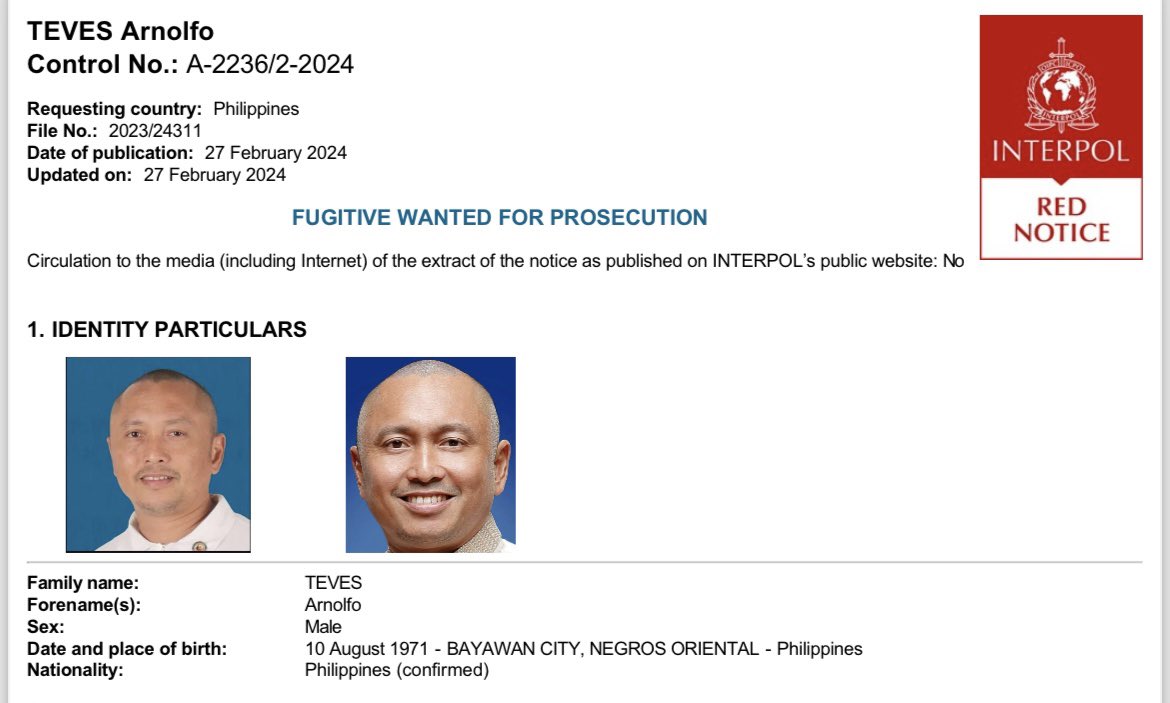 Just in: NBI confirms that the International Criminal Police Organization (Interpol) has issued a red notice against former Negros Oriental Rep. Arnolfo Teves Jr.