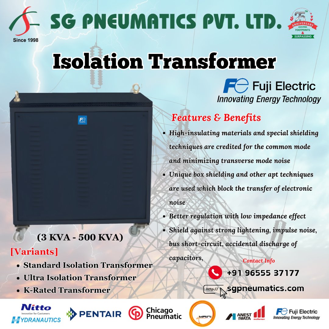 SgPneumatics's tweet image. &quot;Experience peace of mind with Fuji Electric&apos;s cutting-edge isolation transformers, ensuring reliable power distribution and protection against electrical disturbances. 
Get Quotation sgpneumatics.com/contact-us-sg-…
Contact for  details: 96555-37177
#FujiElectric #IsolationTransformer