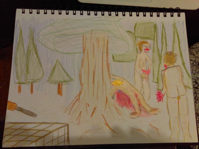 Sarah Ruth Ashcraft was hunted as a child in what she called a 'Purge Style' hunting party somewhere near Seaside, Oregon, when she was just 10 years old. Here is a drawing she did of what she witnessed.