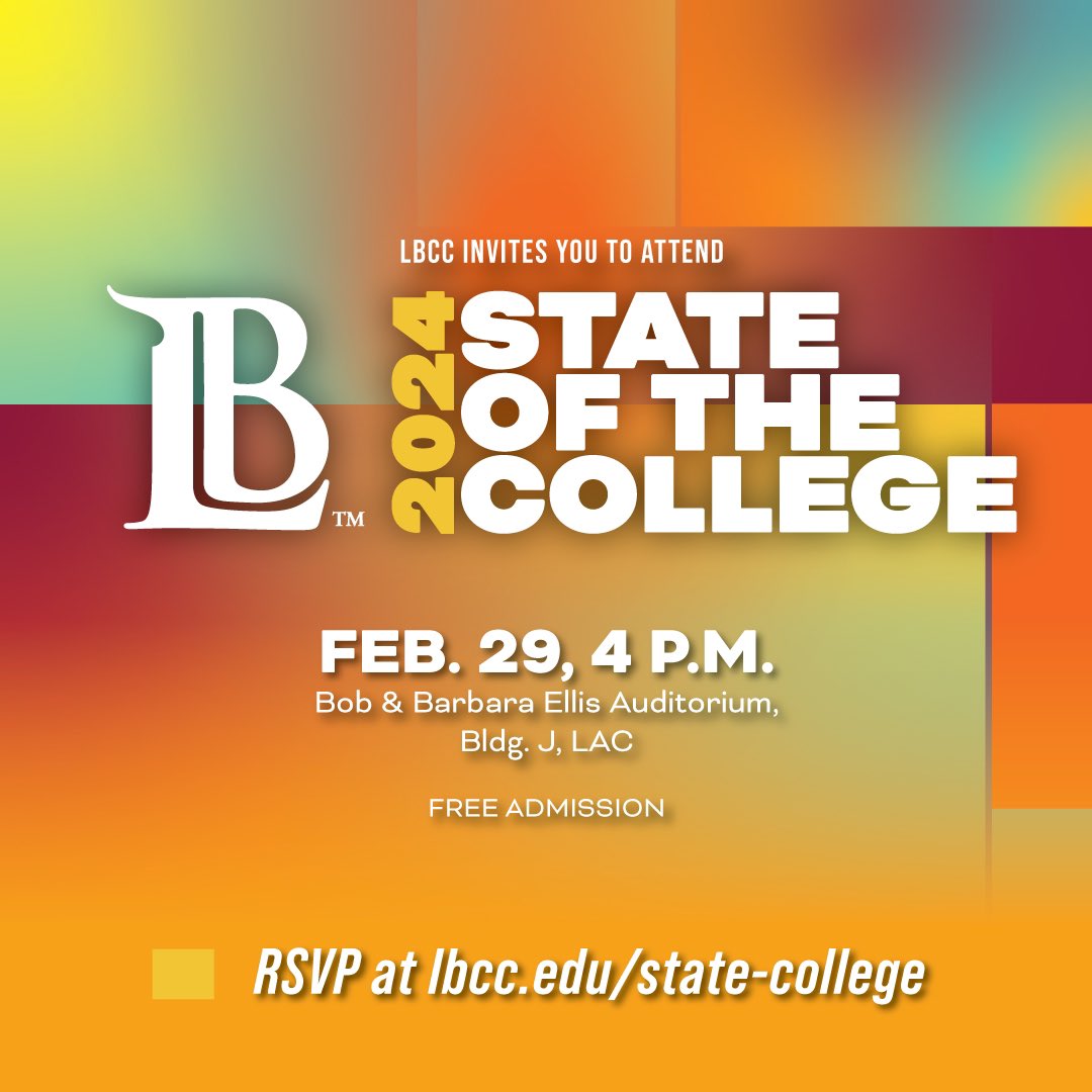 Catch #LBCC’s State of the College 2024 on Feb. 29, 4 PM at the Bob & Barbara Ellis Auditorium, Liberal Arts Campus! 🌟 Hear our 2023 highlights & future plans. Enjoy presentations, performances & more. Free entry but RSVP needed! lbcc.edu/state-college. #Belong2024