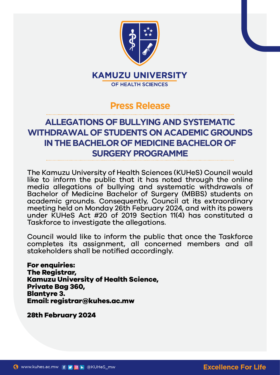 PRESS RELEASE - Allegations of bullying and systematic withdrawal of students on academic grounds in the Bachelor of Medicine Bachelor of Surgery(MBBS) Programme @KUHeS_mw.