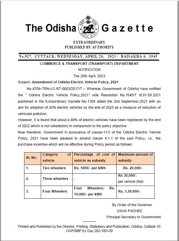 Congratulations to the team of @aeicpcei The #Odisha EV Policy offers several incentives to buyers of various segments of vehicles. #ଓଡ଼ିଶା ଇଲେକ୍ଟ୍ରିକ୍ ଭେହିକଲ୍ ପଲିସିରେ ବିଭିନ୍ନ ଶ୍ରେଣୀର ଗାଡ଼ି କ୍ରେତାମାନଙ୍କ ପାଇଁ ସରକାରୀ ପ୍ରୋତ୍ସାହନ ପ୍ରଦାନ କରାଯାଉଛି। #GoElecteic #EV #ZeroEmission