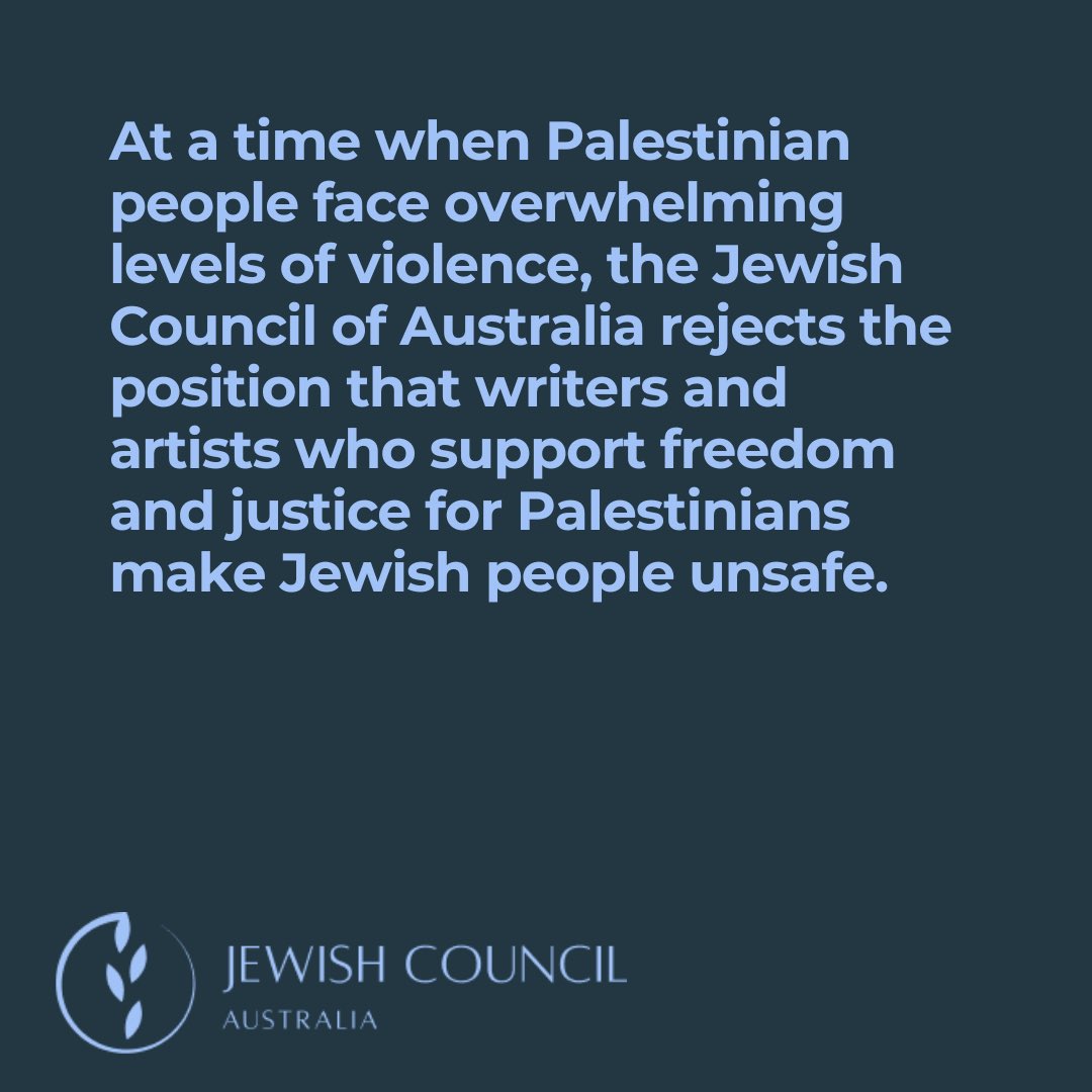 jewishcouncilAU's tweet image. The Jewish Council of Australia rejects the position that writers and artists who support freedom and justice for Palestinians make Jewish people unsafe. These claims rely on a false and deceitful conflation between Jewishness and the State of Israel.

jewishcouncil.com.au/media/palestin…