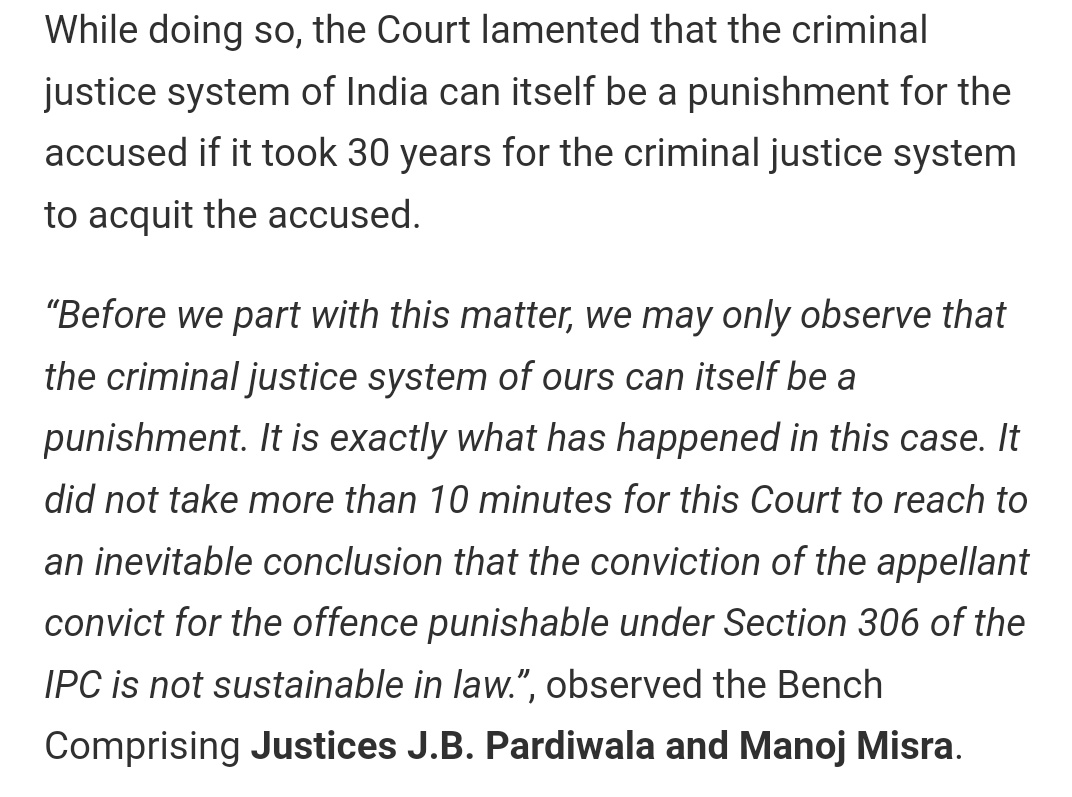 legallyuddin's tweet photo. The Criminal justice system of ours can itself be a punishment:

Supreme Court while setting aside the conviction of a man convicted for abetment to suicide of his wife, almost after 30 years of initiation of trial. https://t.co/FfEvtdIH9Z