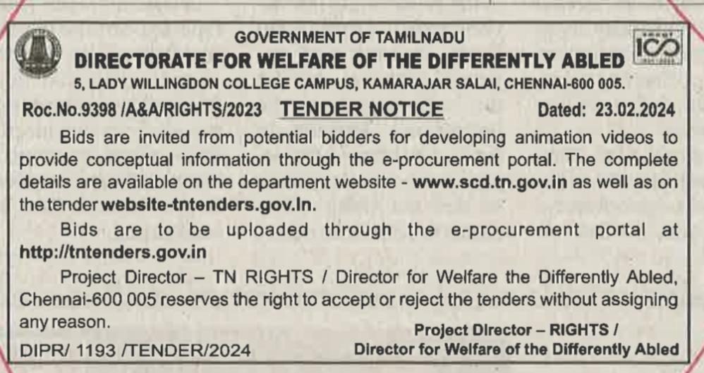 Tender Notice for Developing Animation Videos For complete details visit - scd.tn.gov.in and tntenders.gov.in #tntenders, #tendernotice, #TNDIPRNEWS