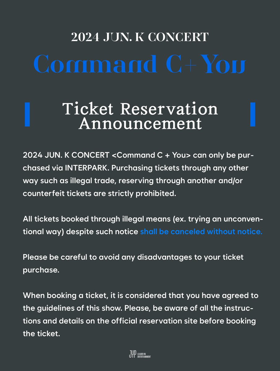 2024 JUN. K CONCERT <Command C + You> HOTTEST 9th Gen Tickets opening at 2/28 8PM (KST)! 🎫 bit.ly/3SUqsM7 (Only PC) ✔ Please be aware of all the instructions on the official reservation site before booking. #JUN_K #준케이 #CommandC_You #2024_JUN_K_CONCERT