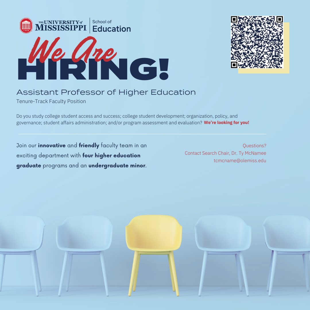 WE’RE HIRING 🙂 @UnivMissHiEd is hiring a tenure-track Asst Prof for Fall 24! Flexible w/ research and teaching interests. I’m co-chairing the search and can answer any questions. I’ll also be at NASPA if anyone wants to chat! careers.olemiss.edu/job/UNIVERSITY… Review begins immediately