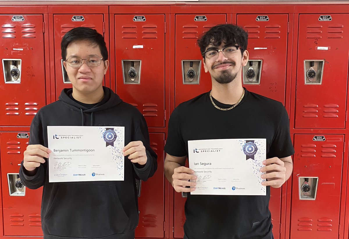 Congratulations to Ben &amp; Ian for certifying in IT Specialist Network Security! Welcome to the #certifiedraider club! <a href="/NISDTaft/">Taft HS</a> <a href="/nisd/">Northside ISD</a> <a href="/NISD_CTE/">NISD_CTE</a>
