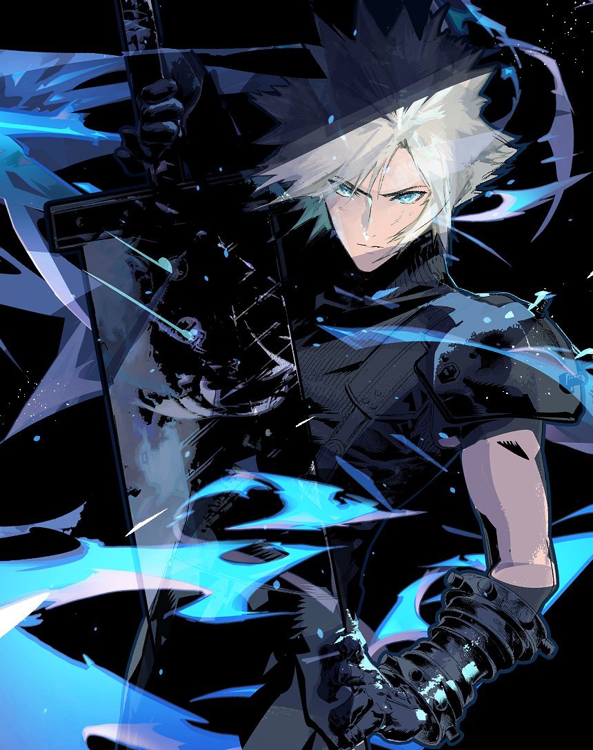 cloud strife solo looking at viewer short hair blue eyes shirt blonde hair 1boy  illustration images