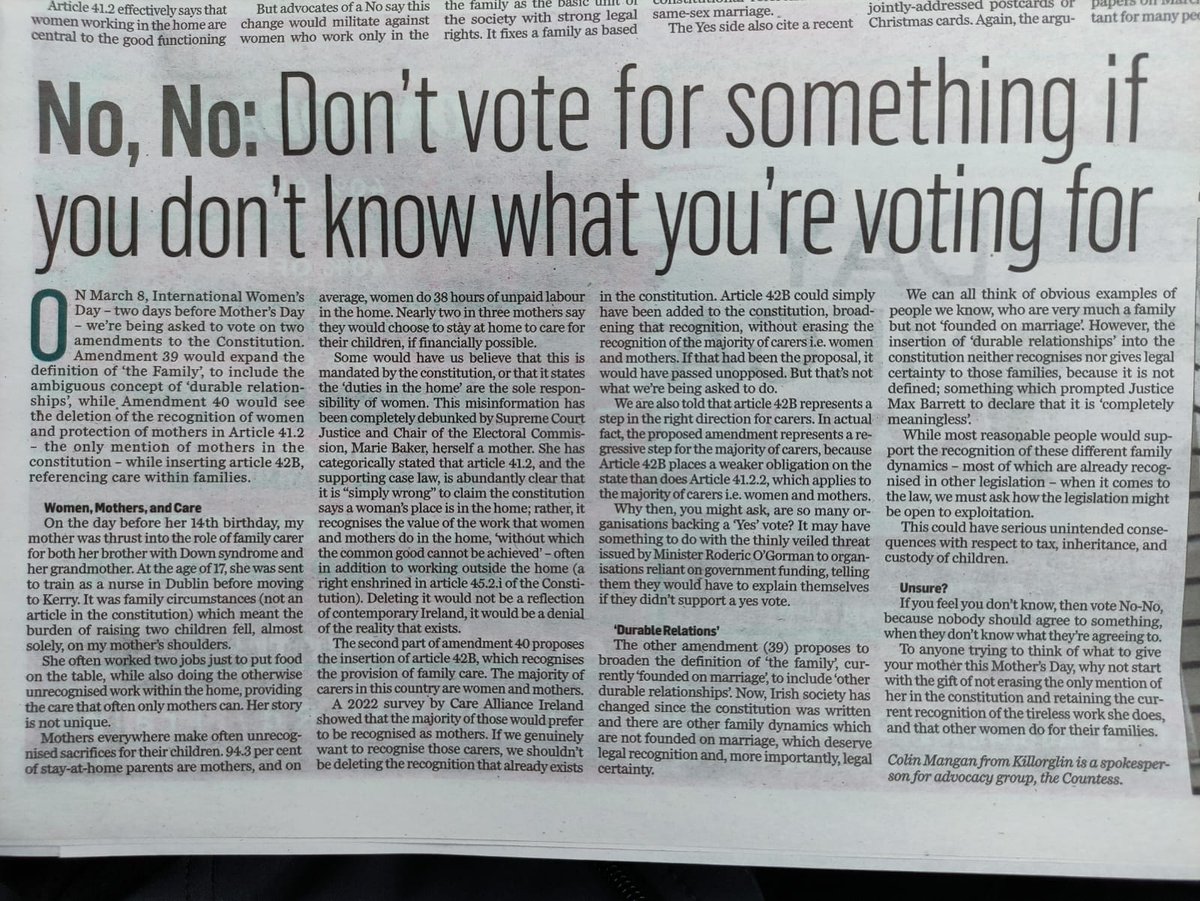 The Countess (@thecountessie) on Twitter photo Countess Spokesperson Colin Mangan was featured in the <a href="/kerryman_ie/">The Kerryman</a> today for the #VoteNoNo side of the debate. Colin's advise is:
If you feel you don't know, then vote No No.
#VoteNoNo #VoteNoRef24 Countess Spokesperson Colin Mangan was featured in the <a href="/kerryman_ie/">The Kerryman</a> today for the #VoteNoNo side of the debate. Colin's advise is:
If you feel you don't know, then vote No No.
#VoteNoNo #VoteNoRef24