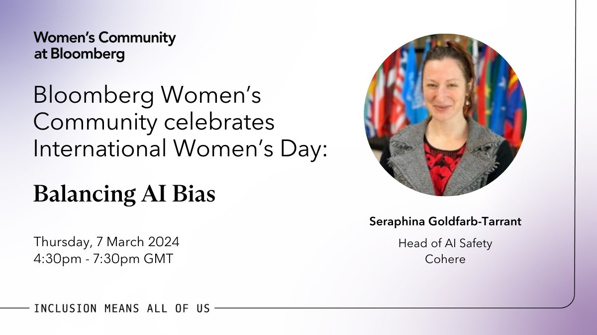 I'm speaking ✨tomorrow✨ at Bloomberg London on Fairness/Bias/[INSERT NEW HOT TERM] for Women's Month. Come for drinks, a panel of *all* women (in ML 😱 where did you find them?!), and then drinks again.