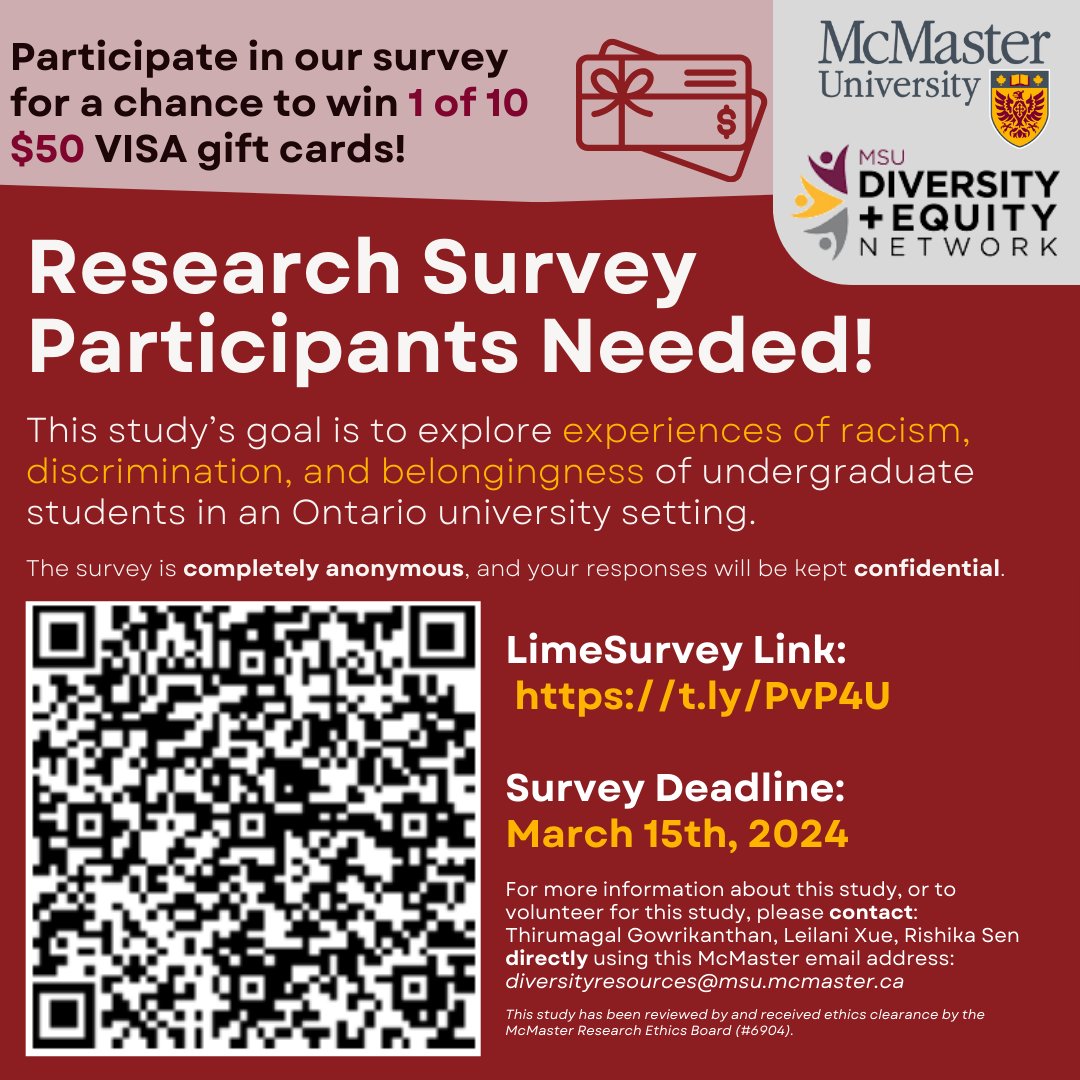 Diversity+Equity Network (DEN) wants to hear from you! The Research and Resources executive team is conducting an online survey for which you will have the chance to enter a draw to 1 of 10 $50 VISA gift cards. The study closes March 15th at 11:59 PM. See poster for details!