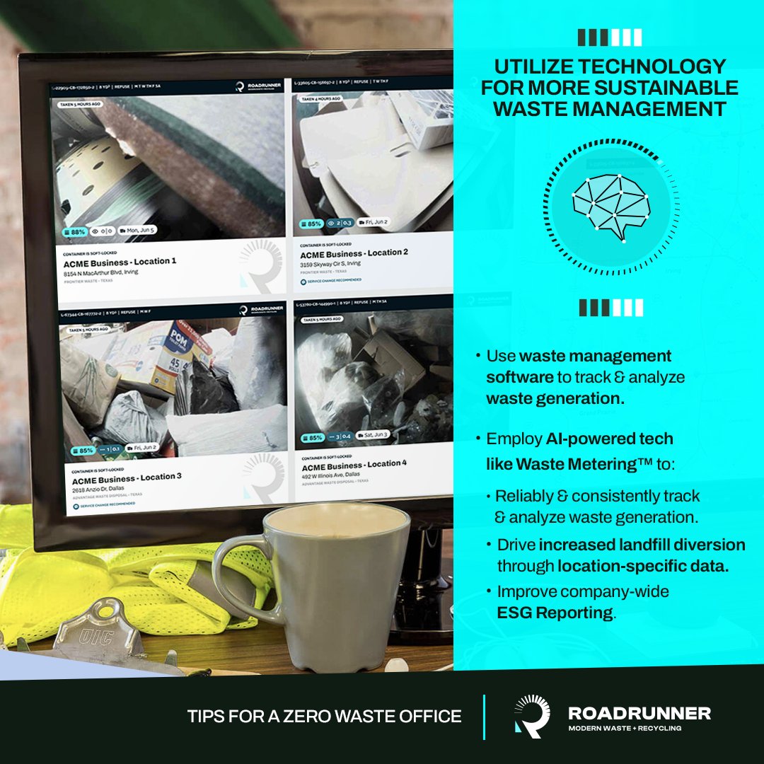 Here's the third of 4 tips we'll post this week about creating a Zero Waste Office. Technology and data are keys to reducing waste and RoadRunner can help! Learn more: hubs.la/Q02mTjV00