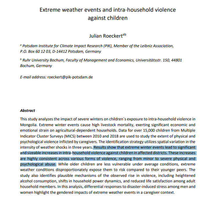 Extreme(ly) cold winters linked to ⬆️ VAC in Mongolia, esp among herding households

Possible mechanisms? --&gt; ⬆️ in alcohol consumption &amp; ⬇️ life satisfaction

<a href="/JRoeckert/">Julian Roeckert</a> [<a href="/PIK_Klima/">Potsdam-Institut für Klimafolgenforschung PIK</a>] 

researchgate.net/publication/37…