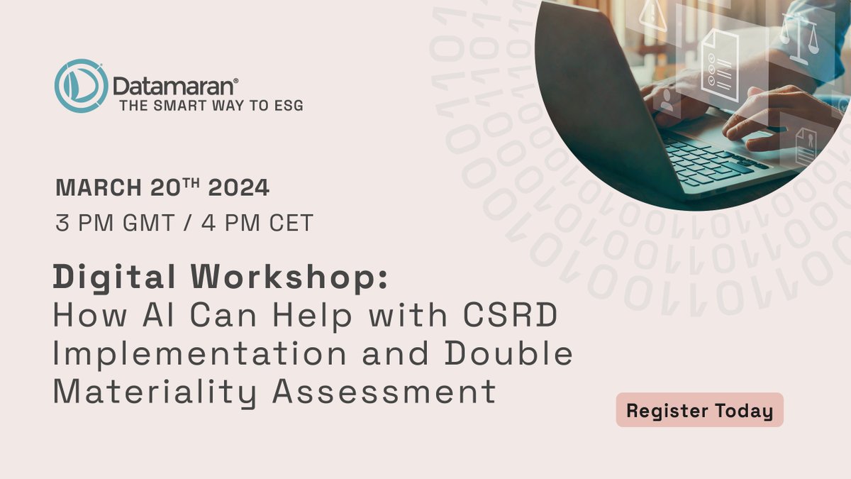 Just 2 weeks until our #DigitalWorkshop on How #AI Can Help with CSRD Implementation and Double Materiality Assessment on Wednesday, March 20 at 3 PM GMT / 4 PM CET / 11 AM EDT. Register now to secure your place and learn how #SmartESG software can help: datamaran.registration.goldcast.io/events/d0e49b2….