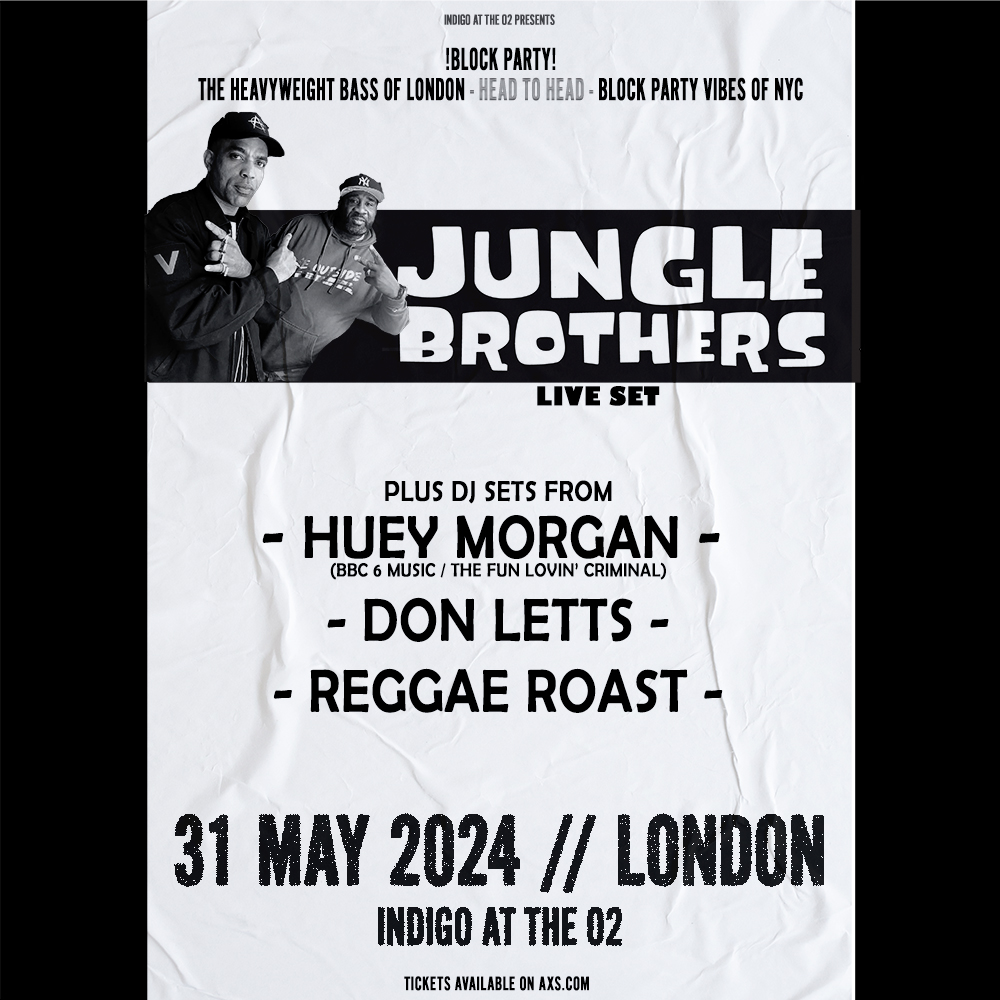 Yo! Friday, 31st May, Indigo at The O2. Jungle Brothers playing live alongside my good friends Don Letts and Reggae Roast. This one's gonna be a total roadblock.. Can't wait to see you all there! Tickets: axs.com/uk/events/4949…