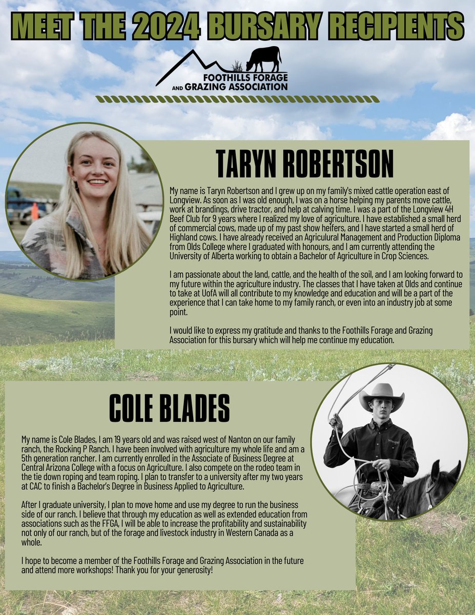 Congratulations to our 2024 FFGA Bursary Recipients. We are proud to help support your education and look forward working with you in the livestock & forage industry in the future.