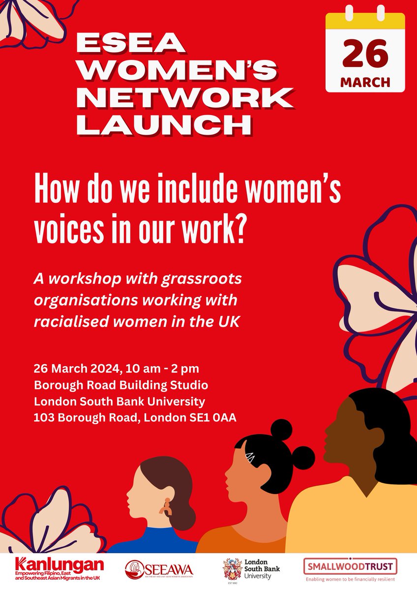 Join us on 26 March, 10am to 2pm, at the London South Bank University (closest station is Elephant and Castle) to launch the ESEA Women's Network! 💜 If you would like to attend but need support with travel costs or childcare, we can contribute up to £20.