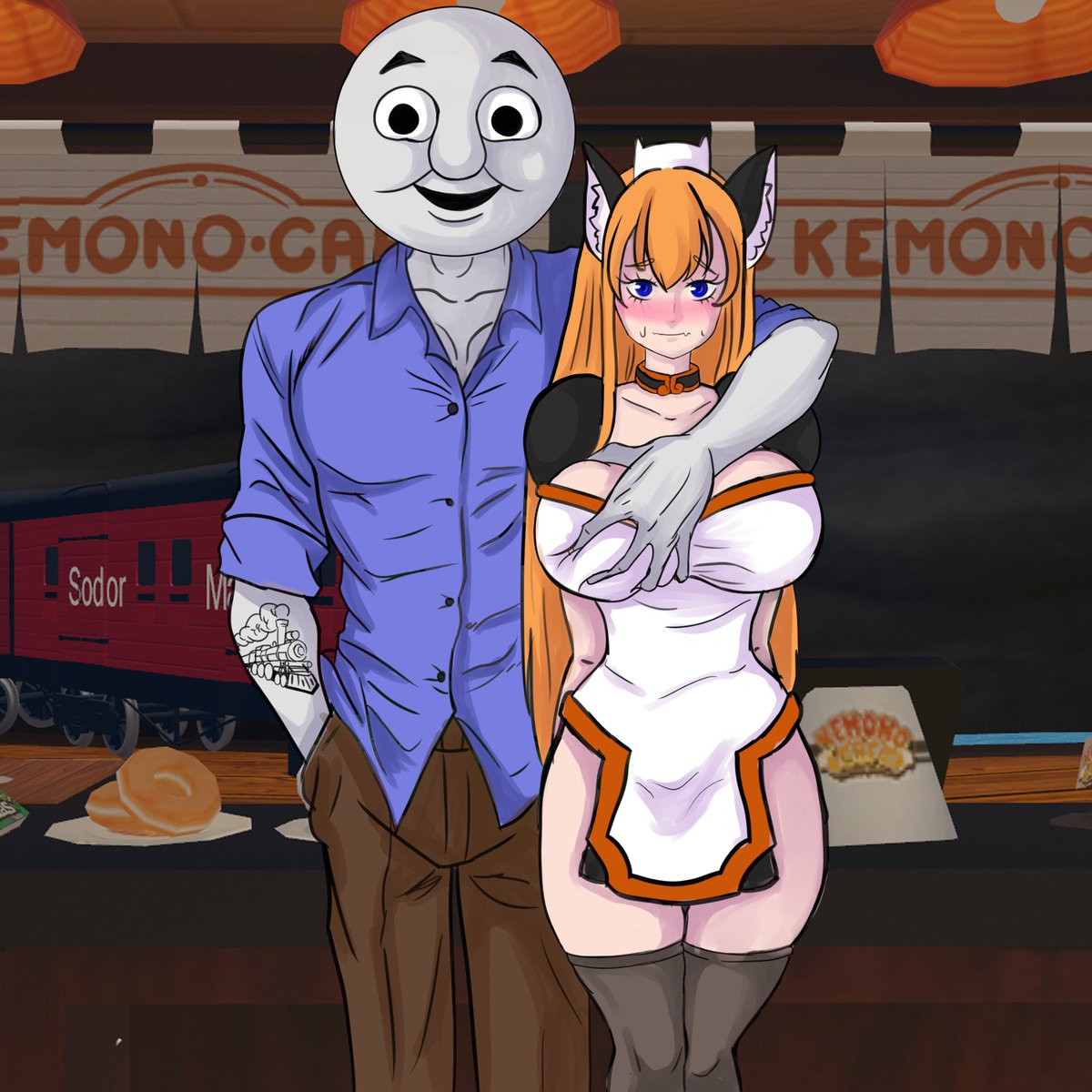 duckerzon's tweet photo. "It's just a quick photo!" - Said Thomas to Sandy, while his metal face was giving a big smile to the camera.

A accurate representation of @CafeKemono booth at VirtualMarket 2023 Summer

#kemonocafe #vket #VRChat #thomasthetankengine #digitalart https://t.co/XweFXZuDUW