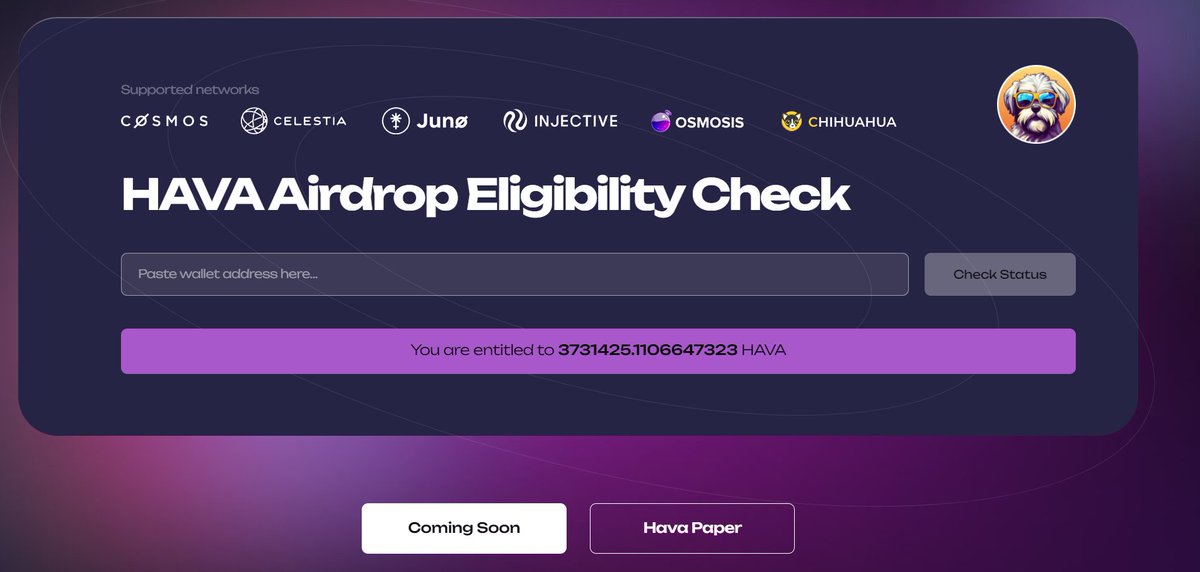 Cosmos_Airdrops's tweet photo. $HAVA AIRDROP 🪂

Airdrop for stakers of:

$ATOM $TIA $OSMO $INJ $HUAHUA $JUNO

Check eligibility 👇 https://t.co/ZpRxRTnMi2