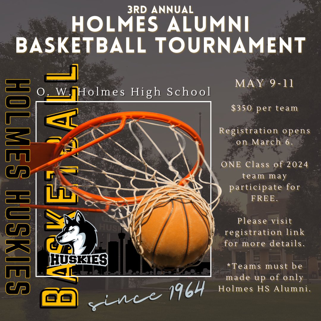 📣Attn: @NISDHolmes Alumni - we will be hosting our 3rd Annual Holmes Alumni Basketball Tournament May 9-11. Click on the link below for more details about the tournament as well as how to register. Registration link: docs.google.com/forms/d/e/1FAI…