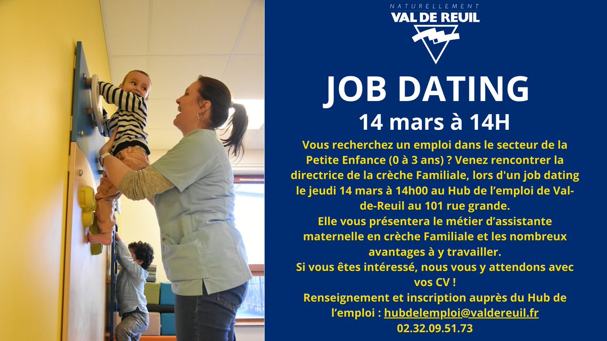 Val-de-Reuil (@valdereuil_info) on Twitter photo 👶🏻Vous recherchez un emploi dans le secteur de la Petite Enfance (0 à 3 ans) ? Venez rencontrer la directrice de la crèche Familiale, lors d’un job dating le jeudi 14 mars à 14h00 au Hub de l’emploi de <a href="/valdereuil_info/">Val-de-Reuil</a> au 101 rue grande.
Inscri * : hubdelemploi@valdereuil.fr 👶🏻Vous recherchez un emploi dans le secteur de la Petite Enfance (0 à 3 ans) ? Venez rencontrer la directrice de la crèche Familiale, lors d’un job dating le jeudi 14 mars à 14h00 au Hub de l’emploi de <a href="/valdereuil_info/">Val-de-Reuil</a> au 101 rue grande.
Inscri * : hubdelemploi@valdereuil.fr