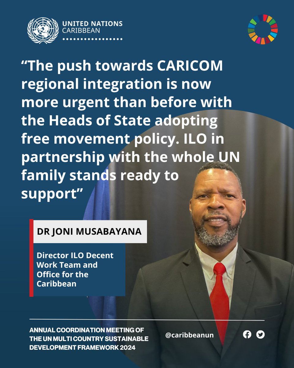 🇺🇳🌎HAPPENING NOW: @ILOCaribbean Director Dr Joni Musabayana discusses impact of global trends on labour market transformation in the Caribbean during Annual Coordination Meeting for UN Multi-Country Sustainable Development Framework ▶️Watch LIVE: facebook.com/UNBarbadosandO…