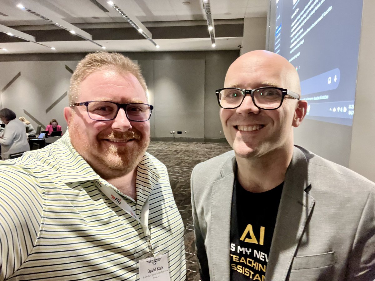 DavidKalk's tweet image. Just spending my day hanging out with @jmattmiller at @ncties today! #NCTIES24 #AIforEducators