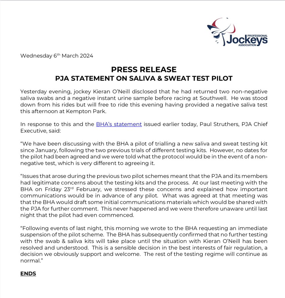 Statement from PJA CEO @PaulMStruthers on saliva and sweat testing following recent events. Includes confirmation that @ONaillers2010 has provided a negative swab this afternoon at Kempton and is free to ride. thepja.co.uk/wp-content/upl…