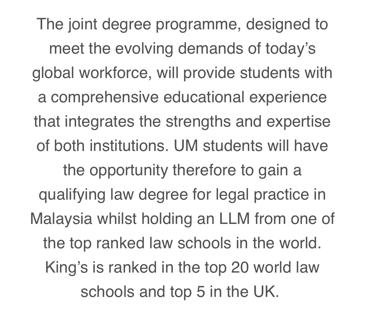 ainhsaifulnizam's tweet image. UM offer course Law baru!!! Cool gilaaa dia buat collaboration dengan KCL UK :O 

So 3 tahun dekat Malaysia, 1 dekat UK KCL then another 1 year back right here. 

Dapat LLB + LLM sekaligus 🤩